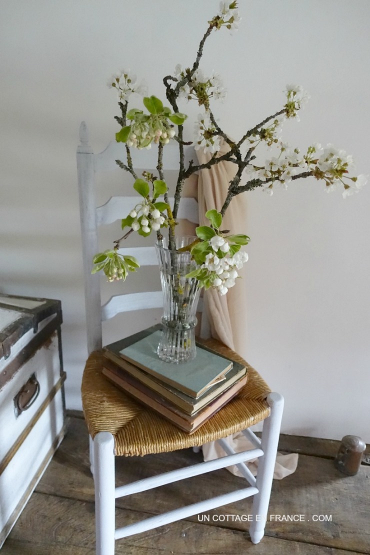 Floraisons blanches : des branches de cerisiers sur la chaise grise | White blossoms: cherry blossoms on the grey chair